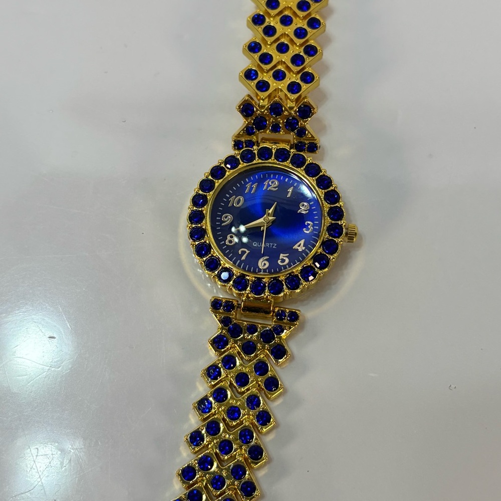 Gold and Blue Jeweled Quartz Watch - Picture 3 of 13
